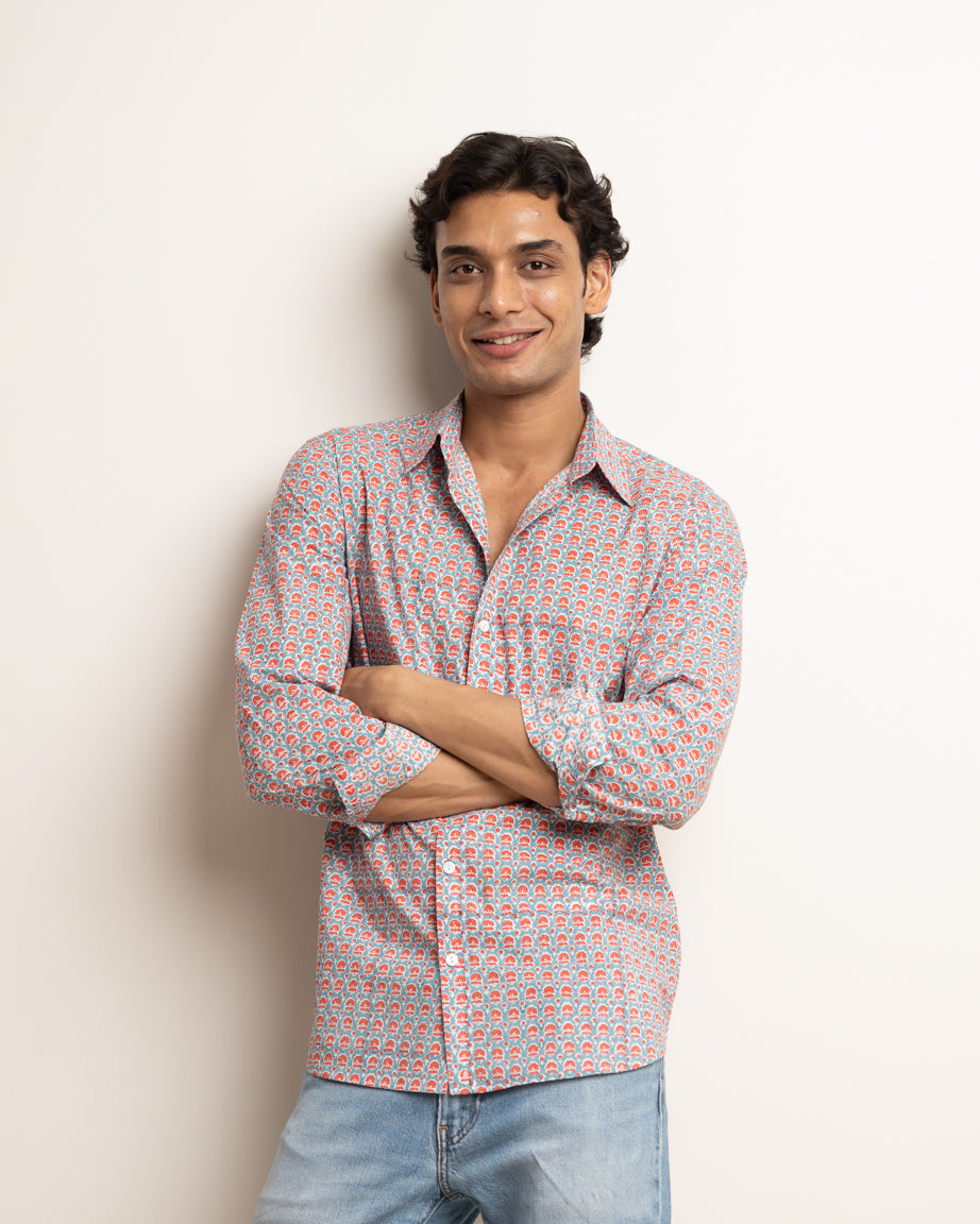 CLASSIC SHIRT - DUSTY BLUE & CORAL BUTI