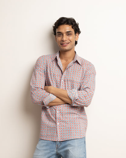 CLASSIC SHIRT - DUSTY BLUE & CORAL BUTI