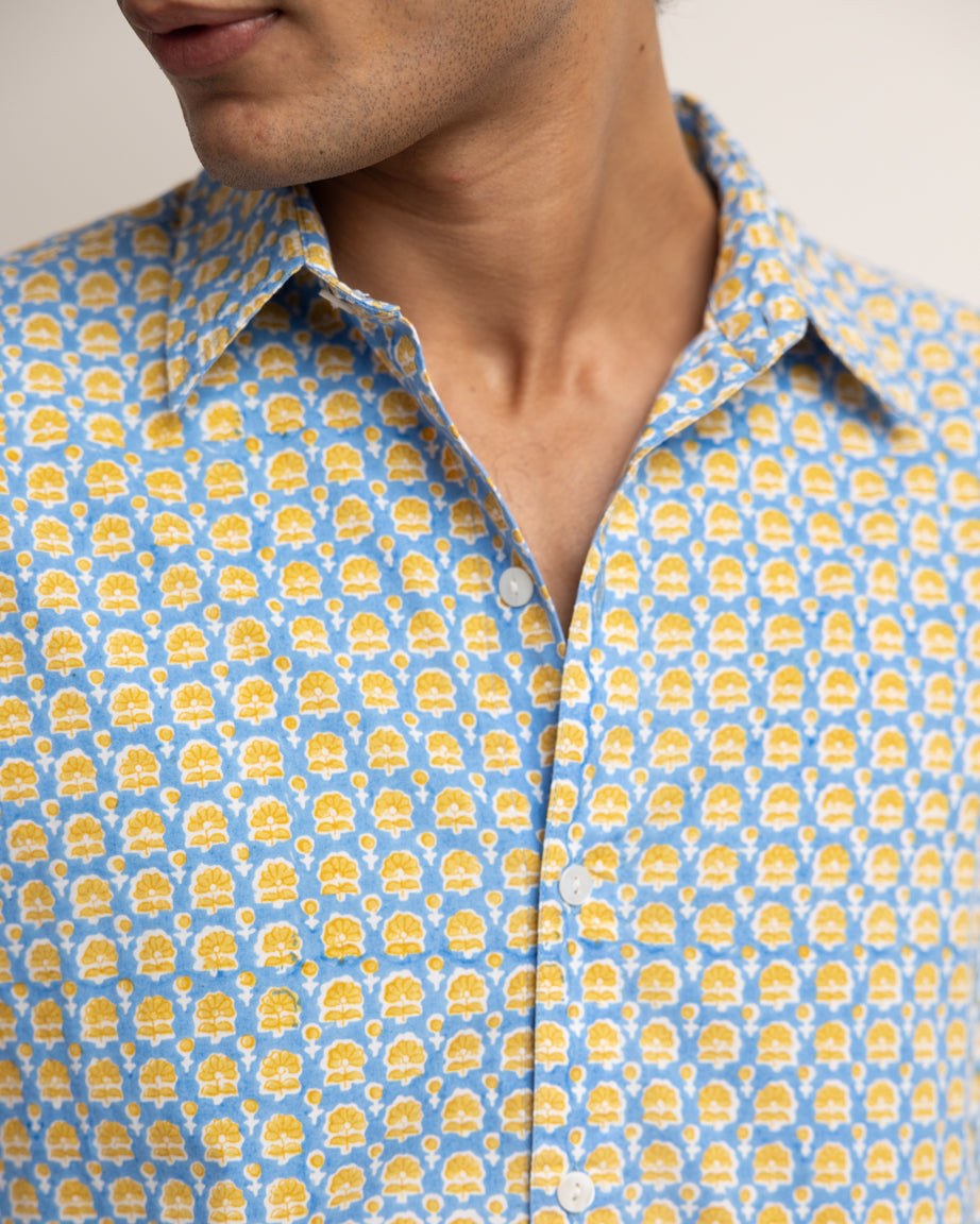CLASSIC SHIRT - SARAS BLUE & MUSTARD BUTI