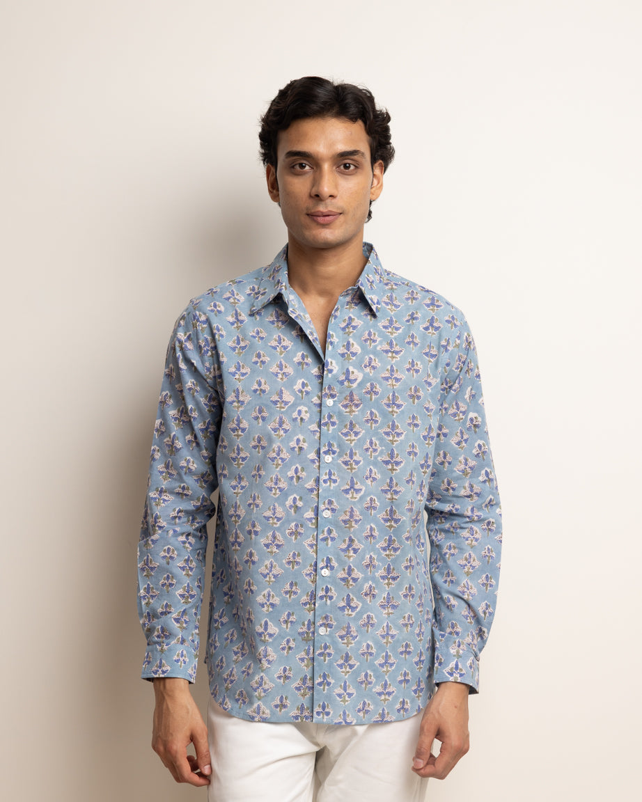 CLASSIC SHIRT — SKY BLUE WITH BLUE FLOWERS