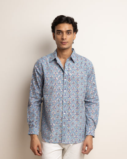 CLASSIC SHIRT — SKY BLUE WITH BLUE FLOWERS