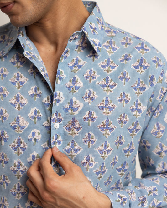 CLASSIC SHIRT — SKY BLUE WITH BLUE FLOWERS