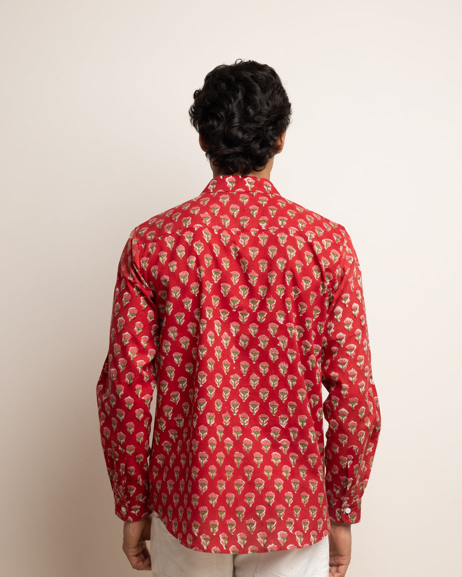 CLASSIC SHIRT —  RED WITH GREEN & PINK FLOWERS