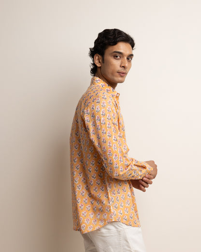 CLASSIC SHIRT — PEACH WITH PINK & NAVY FLOWERS
