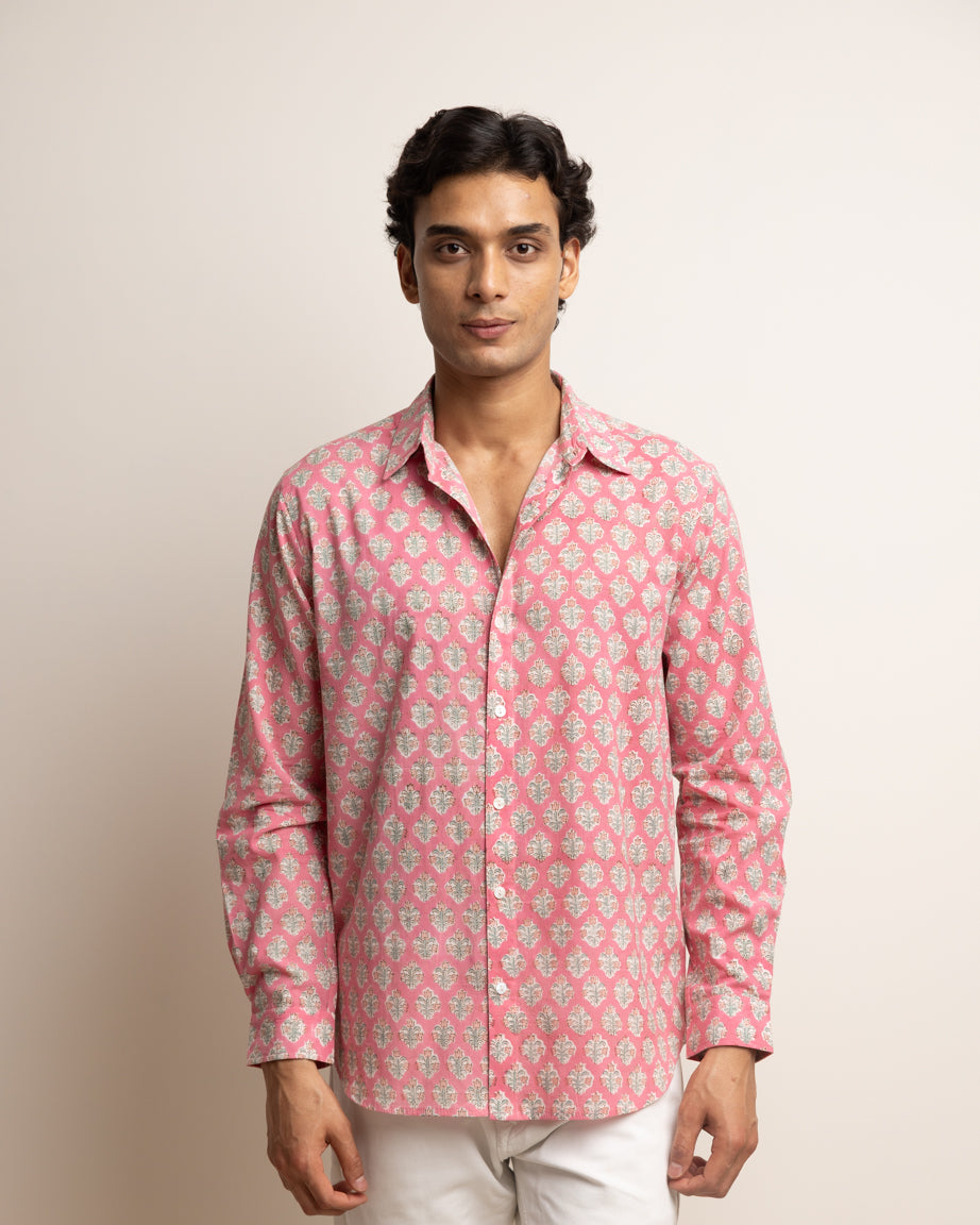 CLASSIC SHIRT — PINK WITH BABY BLUE FLOWERS