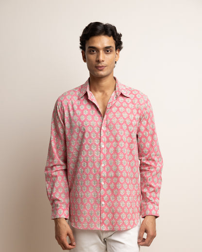 CLASSIC SHIRT — PINK WITH BABY BLUE FLOWERS