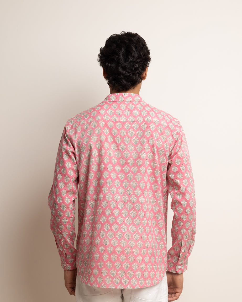 CLASSIC SHIRT — PINK WITH BABY BLUE FLOWERS