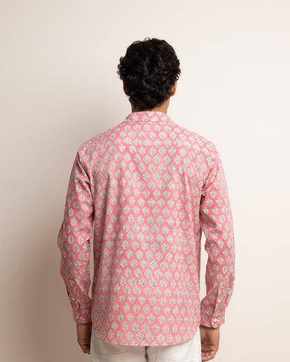 CLASSIC SHIRT — PINK WITH BABY BLUE FLOWERS