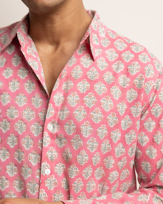 CLASSIC SHIRT — PINK WITH BABY BLUE FLOWERS