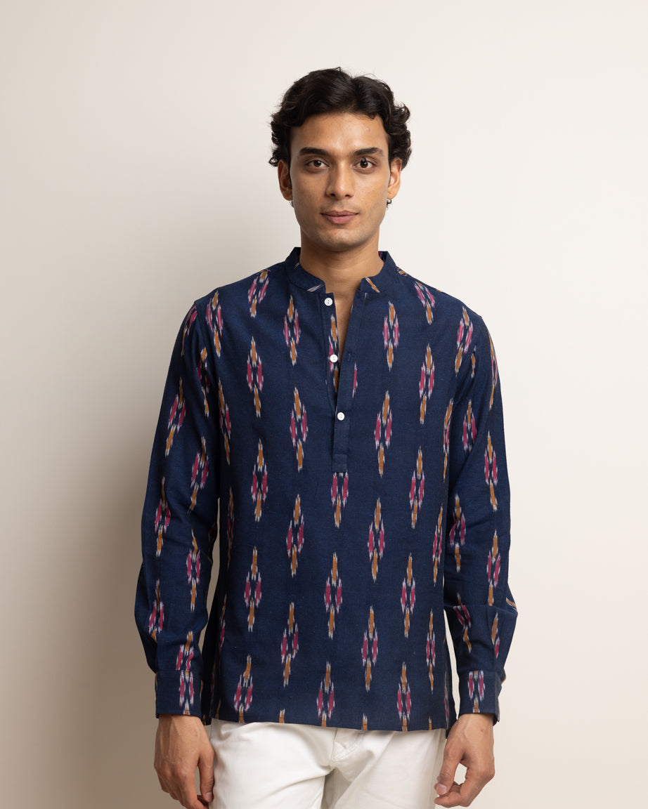 KURTA SHIRT - NAVY WITH RED & YELLOW IKAT
