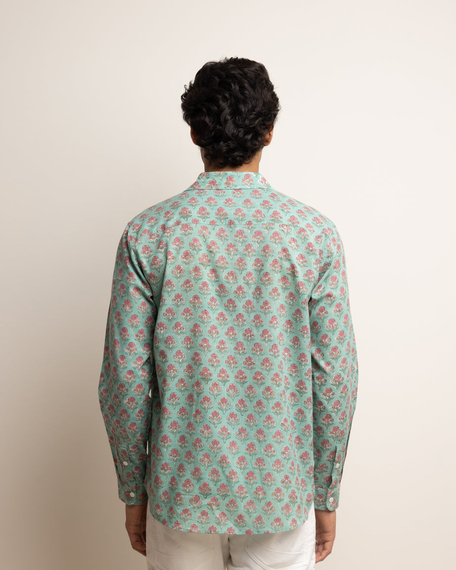 CLASSIC SHIRT — VIRIDIAN GREEN WITH PINK FLOWERS