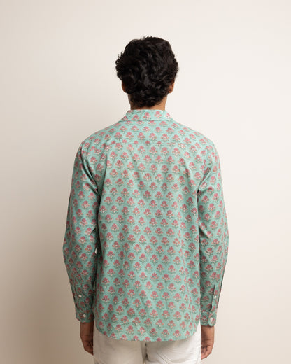 CLASSIC SHIRT — VIRIDIAN GREEN WITH PINK FLOWERS