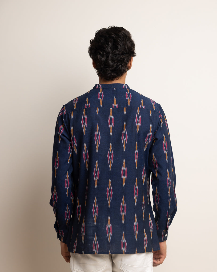 KURTA SHIRT - NAVY WITH RED & YELLOW IKAT