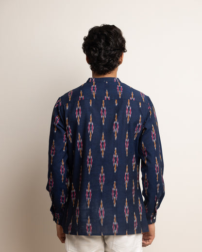 KURTA SHIRT - NAVY WITH RED & YELLOW IKAT