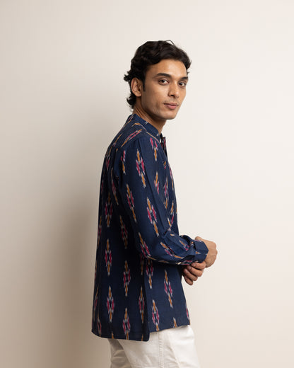 KURTA SHIRT - NAVY WITH RED & YELLOW IKAT