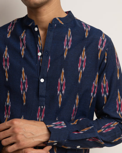 KURTA SHIRT - NAVY WITH RED & YELLOW IKAT