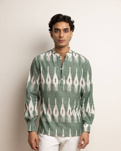 KURTA SHIRT - KHAKI WITH BLACK & WHITE IKAT