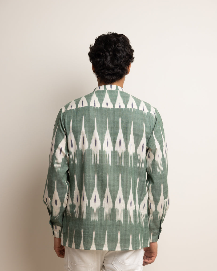 KURTA SHIRT - KHAKI WITH BLACK & WHITE IKAT