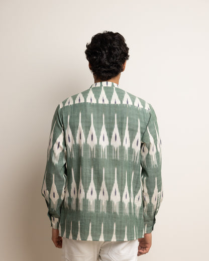KURTA SHIRT - KHAKI WITH BLACK & WHITE IKAT