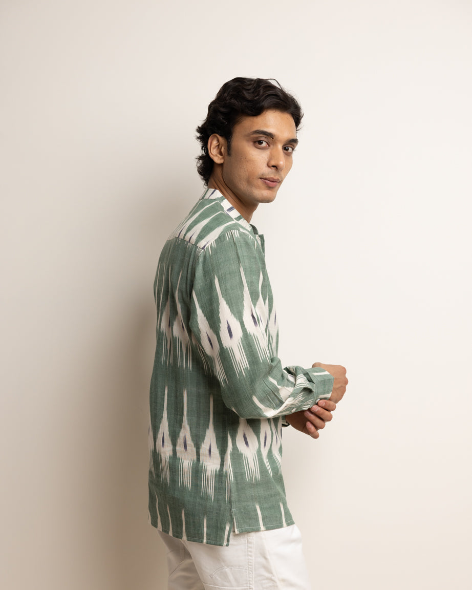 KURTA SHIRT - KHAKI WITH BLACK & WHITE IKAT