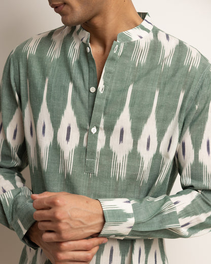 KURTA SHIRT - KHAKI WITH BLACK & WHITE IKAT