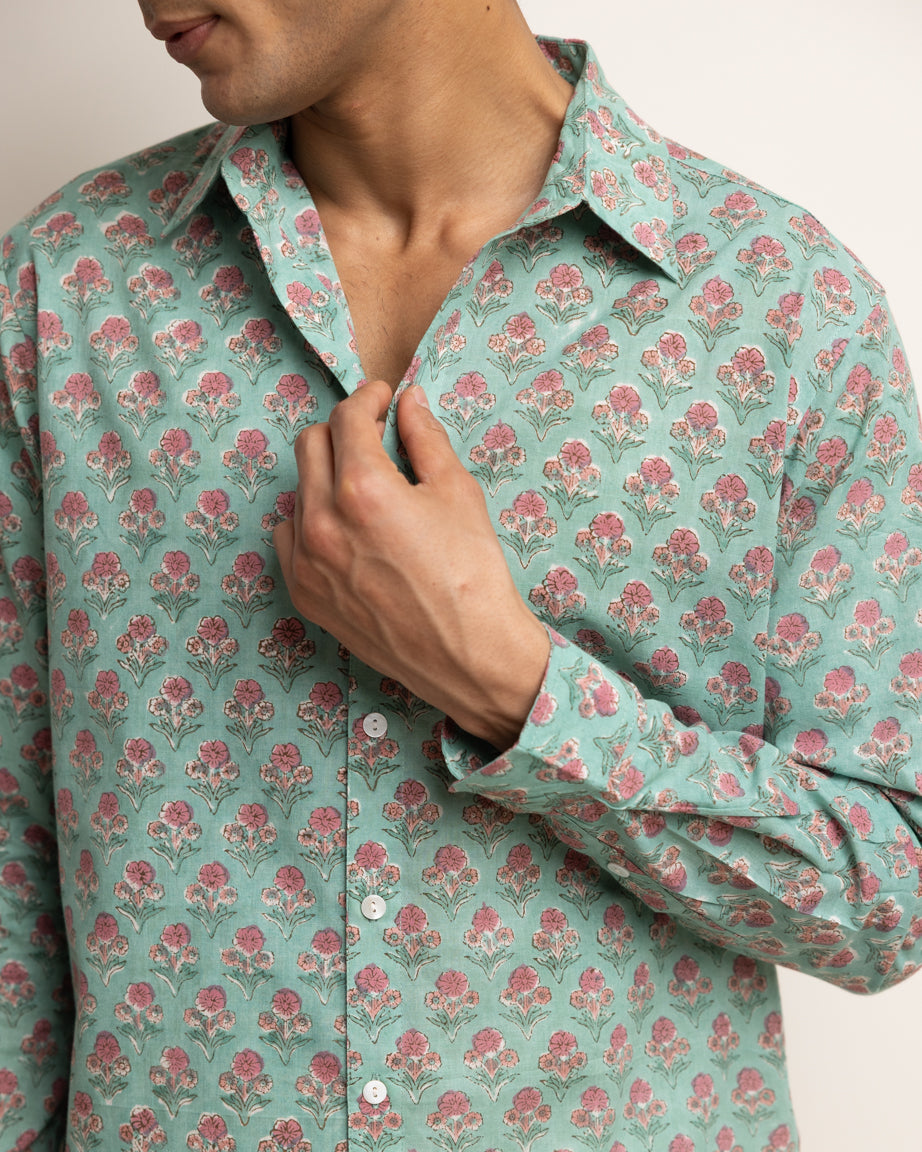 CLASSIC SHIRT — VIRIDIAN GREEN WITH PINK FLOWERS