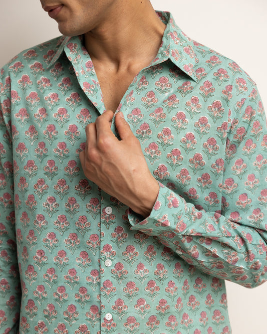 CLASSIC SHIRT — VIRIDIAN GREEN WITH PINK FLOWERS