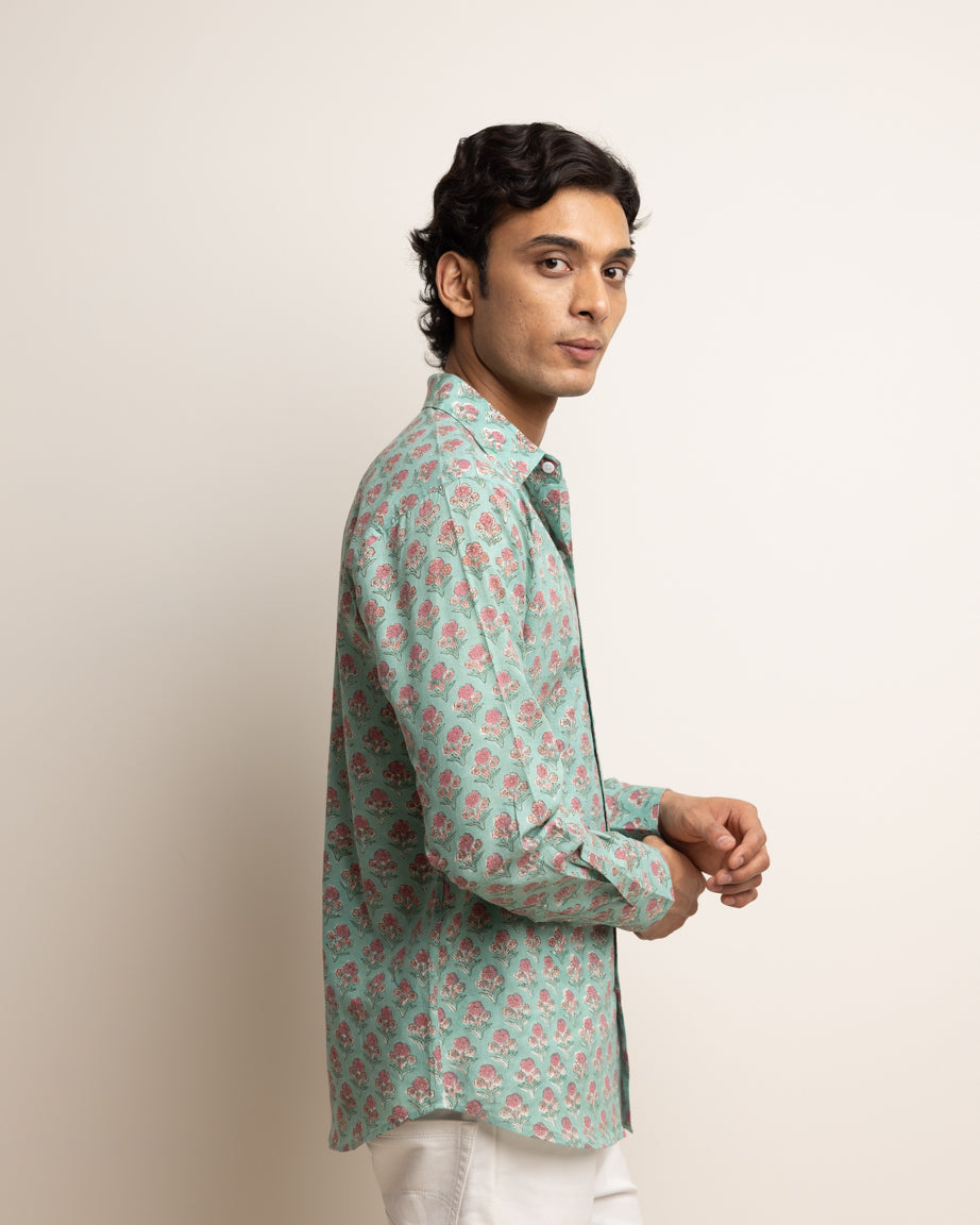 CLASSIC SHIRT — VIRIDIAN GREEN WITH PINK FLOWERS