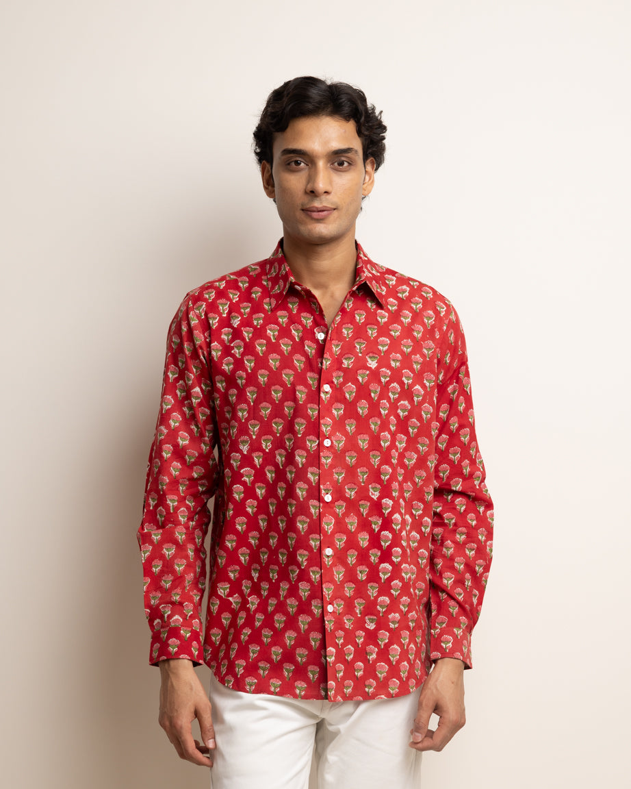 CLASSIC SHIRT —  RED WITH GREEN & PINK FLOWERS