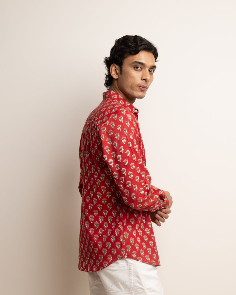 CLASSIC SHIRT —  RED WITH GREEN & PINK FLOWERS
