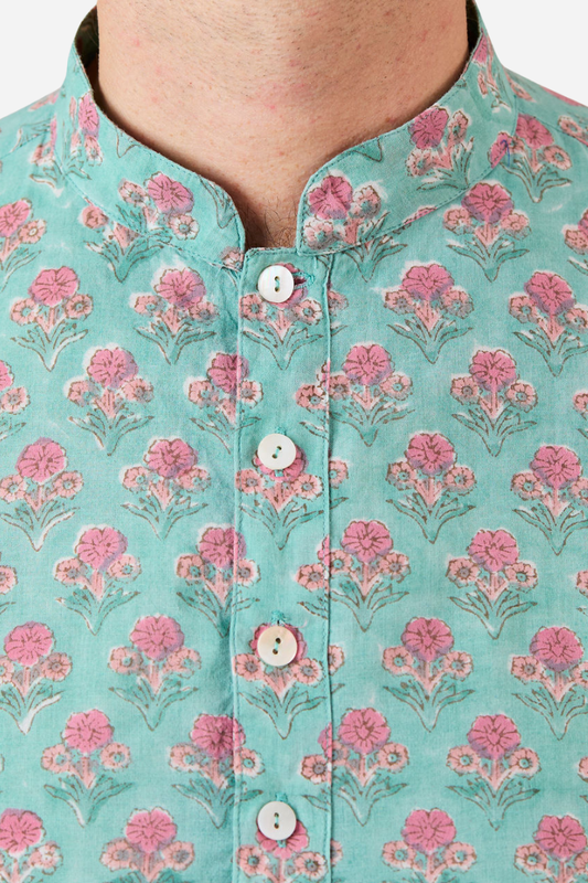 KURTA SHIRT - VIRIDIAN GREEN WITH PINK FLOWERS