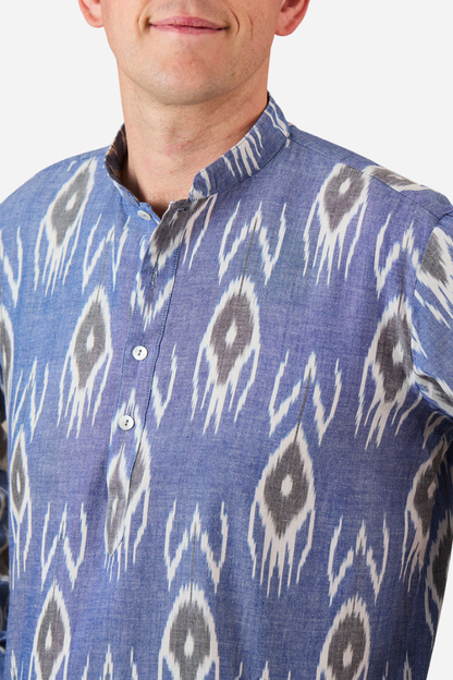 Kurta-style Shirt - Blue With Black and White Ikat