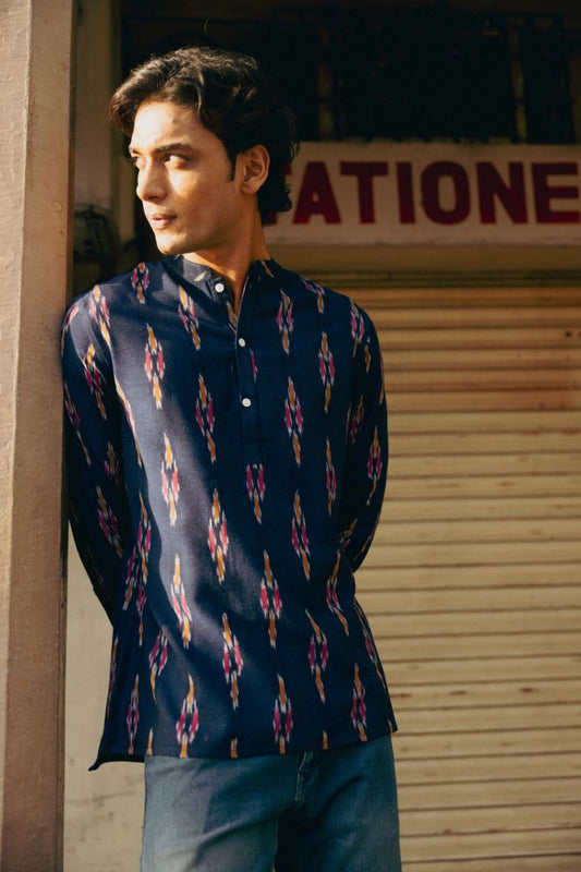 KURTA SHIRT - NAVY WITH RED & YELLOW IKAT