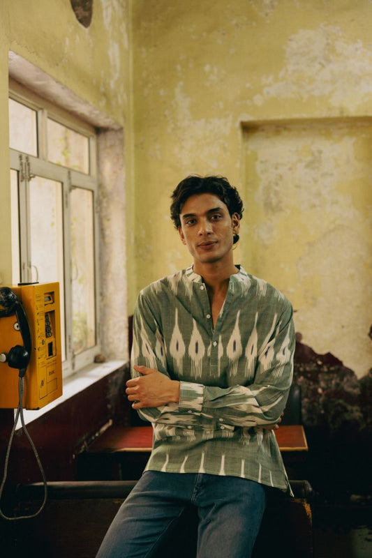 KURTA SHIRT - KHAKI WITH BLACK & WHITE IKAT