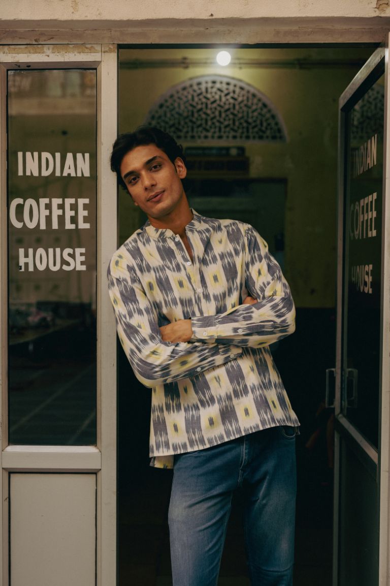 KURTA SHIRT - BLUE & YELLOW IKAT