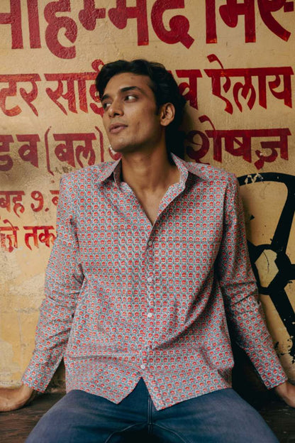 CLASSIC SHIRT - DUSTY BLUE & CORAL BUTI