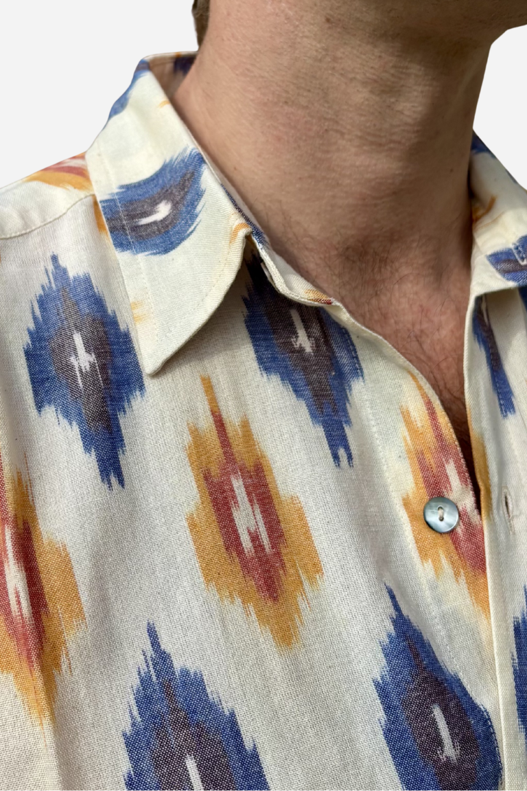 CLASSIC SHIRT - CREAM WITH BLUE & ORANGE IKAT