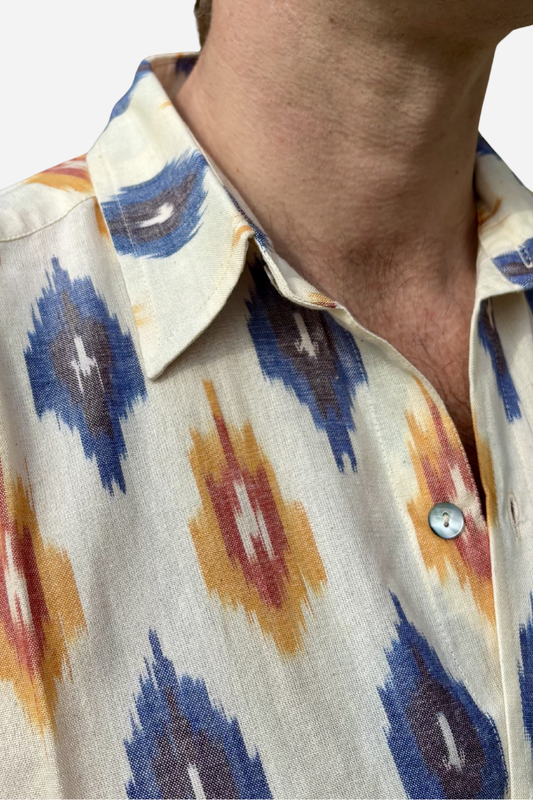 CLASSIC SHIRT - CREAM WITH BLUE & ORANGE IKAT