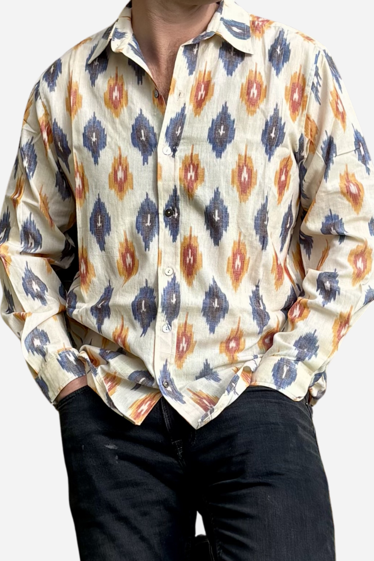 CLASSIC SHIRT - CREAM WITH BLUE & ORANGE IKAT