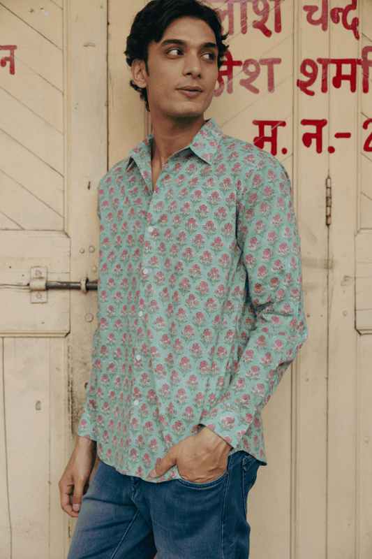 CLASSIC SHIRT — VIRIDIAN GREEN WITH PINK FLOWERS