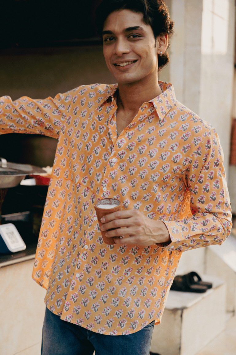 CLASSIC SHIRT — PEACH WITH PINK & NAVY FLOWERS