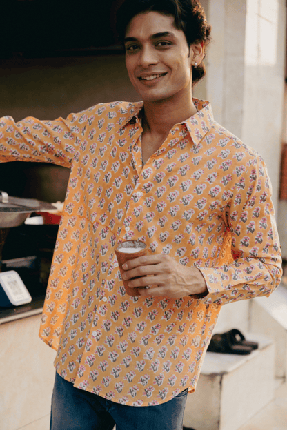 CLASSIC SHIRT — PEACH WITH PINK & NAVY FLOWERS
