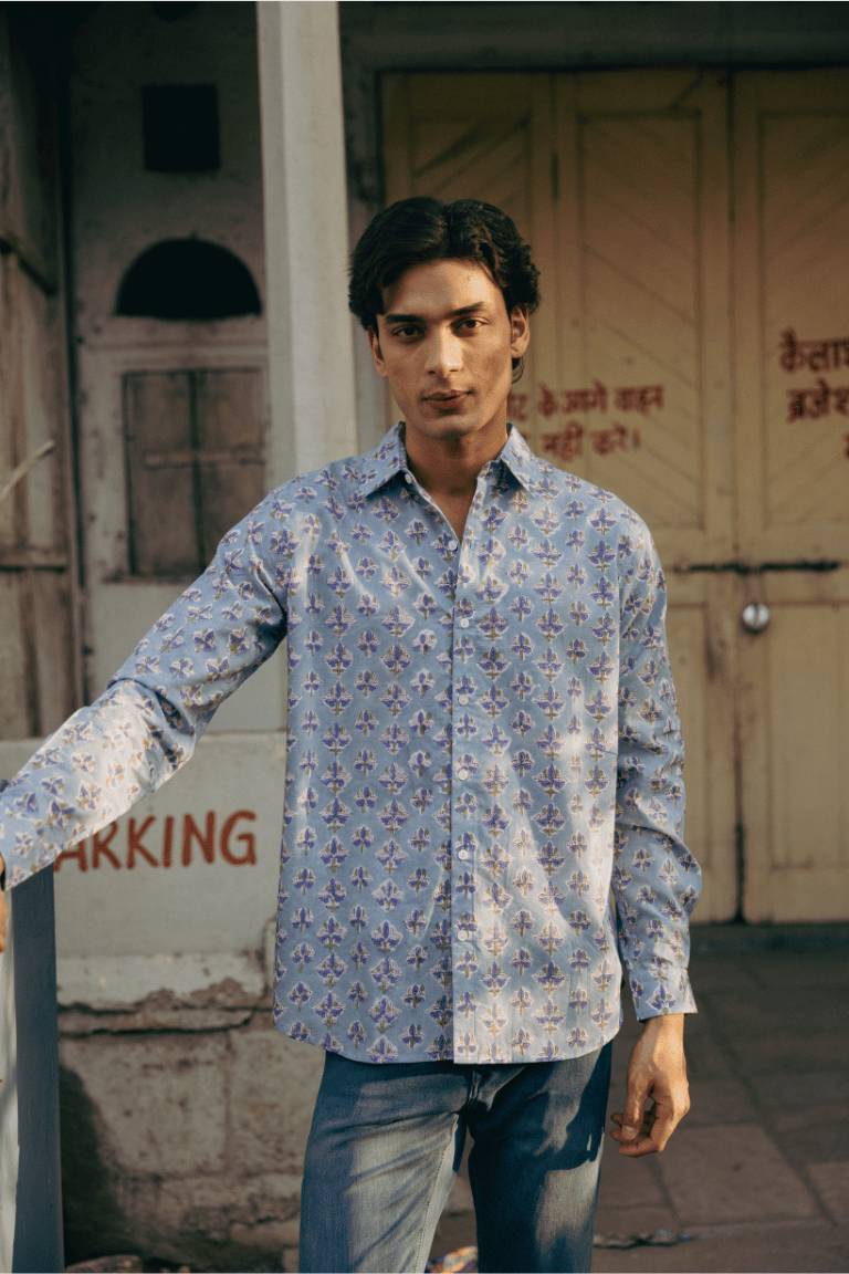 CLASSIC SHIRT — SKY BLUE WITH BLUE FLOWERS