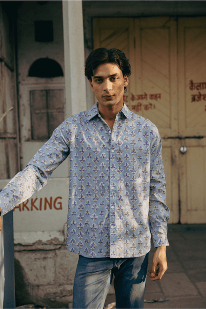 CLASSIC SHIRT — SKY BLUE WITH BLUE FLOWERS