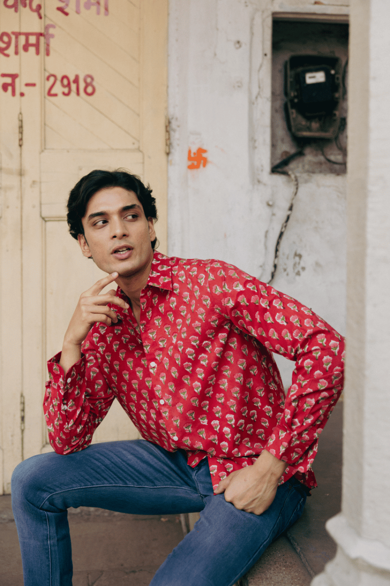 CLASSIC SHIRT —  RED WITH GREEN & PINK FLOWERS
