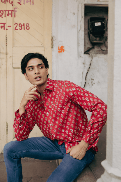 CLASSIC SHIRT —  RED WITH GREEN & PINK FLOWERS
