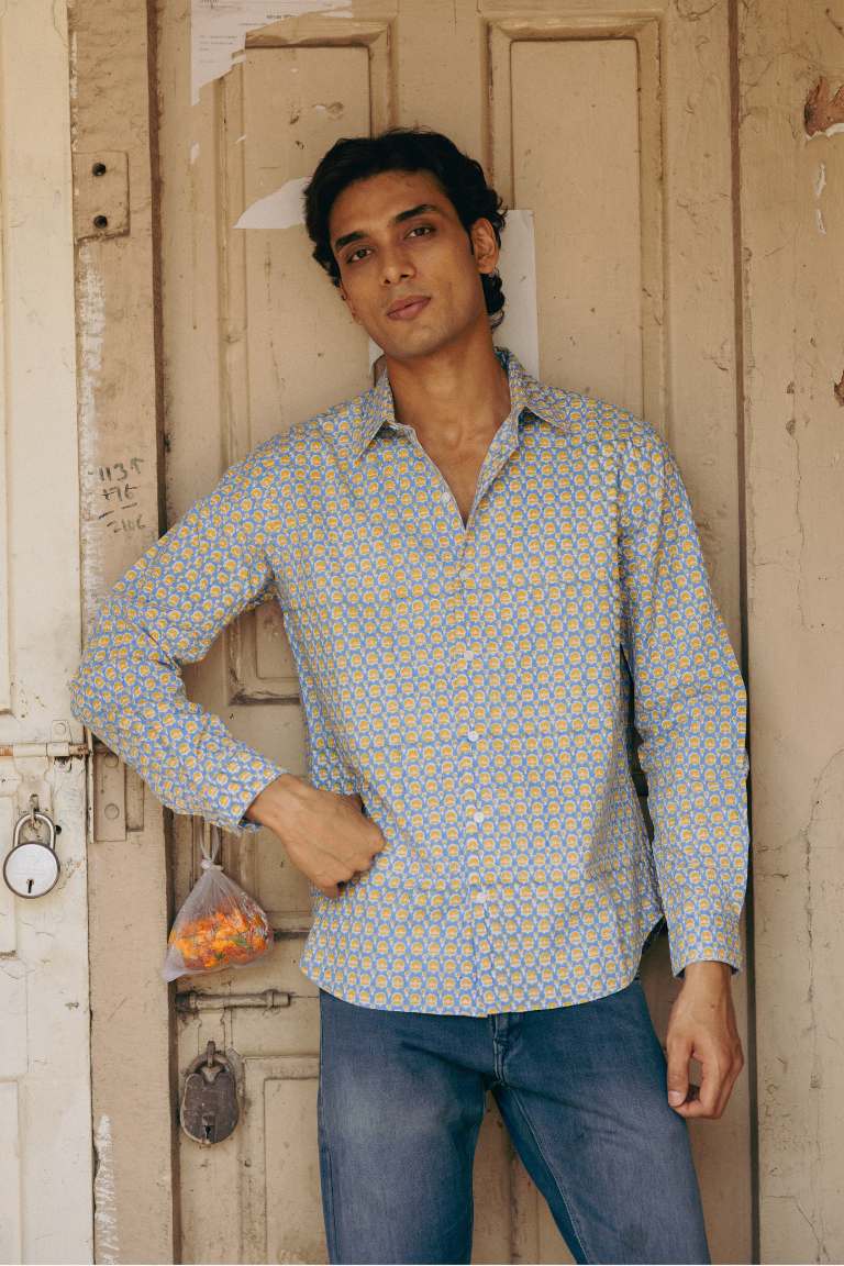 CLASSIC SHIRT - SARAS BLUE & MUSTARD BUTI