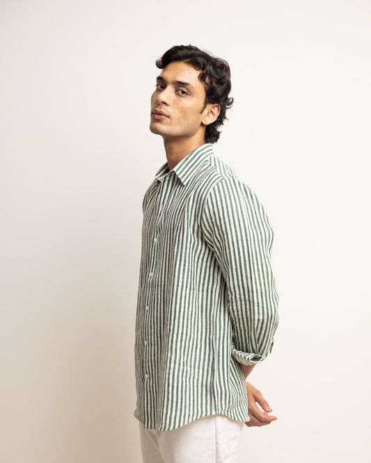 CLASSIC LINEN SHIRT — FOREST GREEN STRIPE,Shirt,