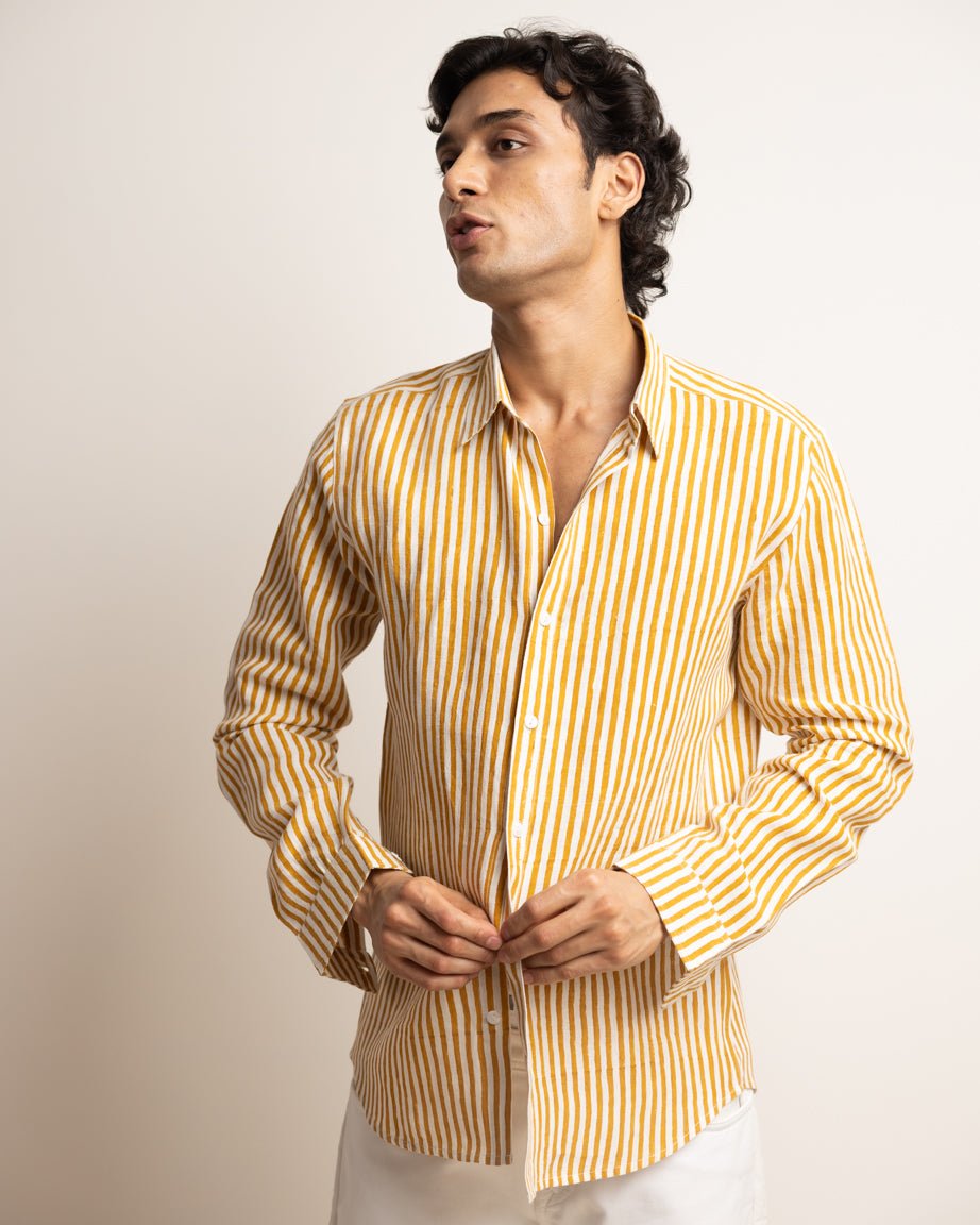 Mustard Stripe men's linen shirt, hand block printed stripe on handloomed linen, classic collar, Doon Threads
