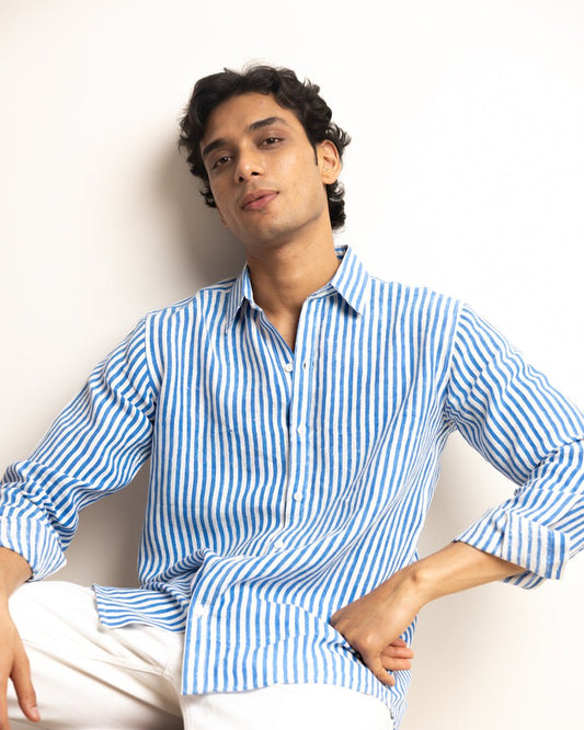 CLASSIC LINEN SHIRT — SARAS BLUE STRIPE,Shirt,